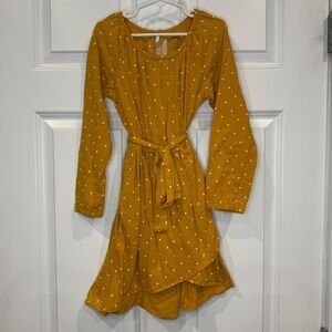 Carters Kid Girls Mustard Yellow Polka Dot Long Sleeve Belted Dress Size 7 7A